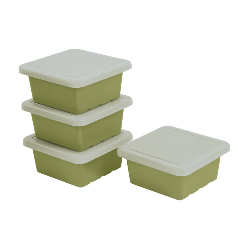 ECR4Kids Stackable Square Bins with Non-Snap Lids, Multipurpose Organization, 4-Pack, Fern Green