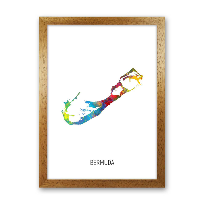 Bermuda Watercolour Map by Michael Tompsett - Print, 46cm H x 34cm W x 3cm D, Brown Framed