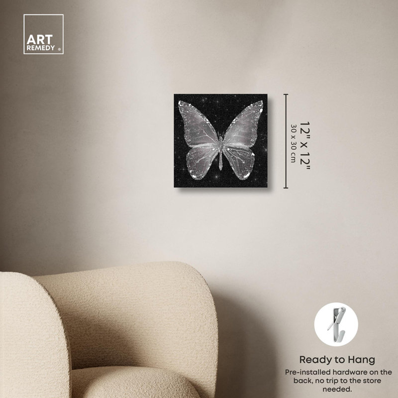 «Sparkling Silver Butterfly» par Art Remedy, H 12 po x l 12 po x P 1,5 po, Toile tendue