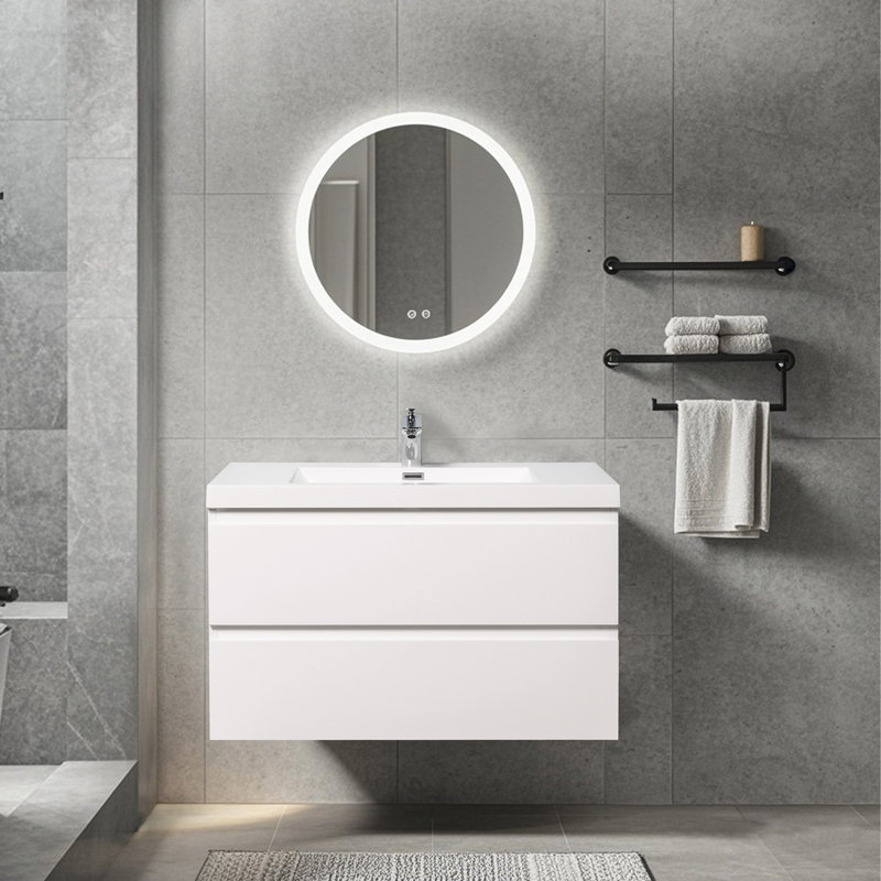 36-Inch Gloss White Wall-Mounted Floating Bath Vanity With Single White Solid Surface Sink Top, White