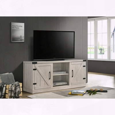 TV Stand with Barn Style Cabinets and Open Shelves in Dusty Gray