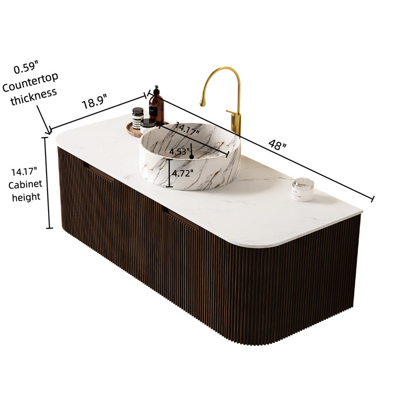 Meuble-lavabo de salle de bain de 122 cm (48 po) avec lavabo rond en céramique blanche, rangement, finition noyer foncé, grand espace de rangement, installation facile, 2 tiroirs, à installer sur le comptoir