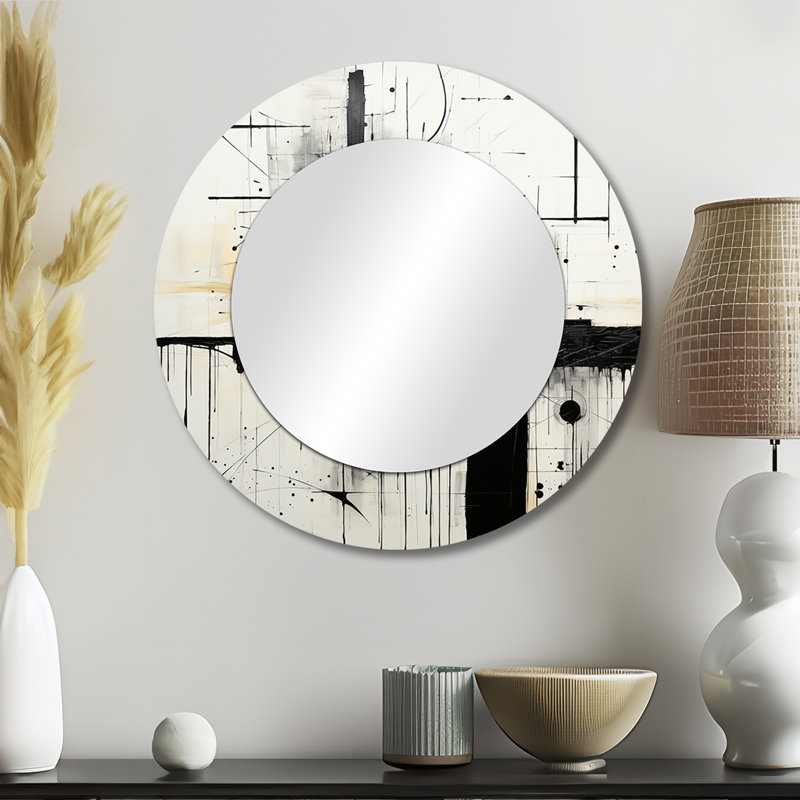 Gris et noir fantaisie horizon - peinture murale abstraite, miroir rond moderne, impression d'art en métal, 23 po x 23 po