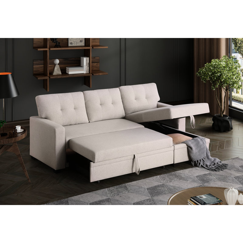 Canapé modulaire rembourré avec 3 sièges, méridienne convertible et rangement escamotable, tissu principal en lin beige, rembourrage en mousse, coussins de dossier amovibles, canapé-lit simple pour invités de nuit, largeur de 81,53 po, 52,47 po