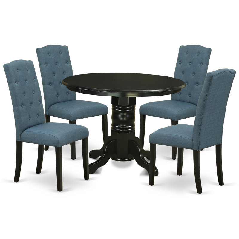 5 Piece Dinette Set for 4 Includes a Round Kitchen Table with Pedestal and 4 Mineral Blue Linen Fabric Parson Dining Chairs, Black