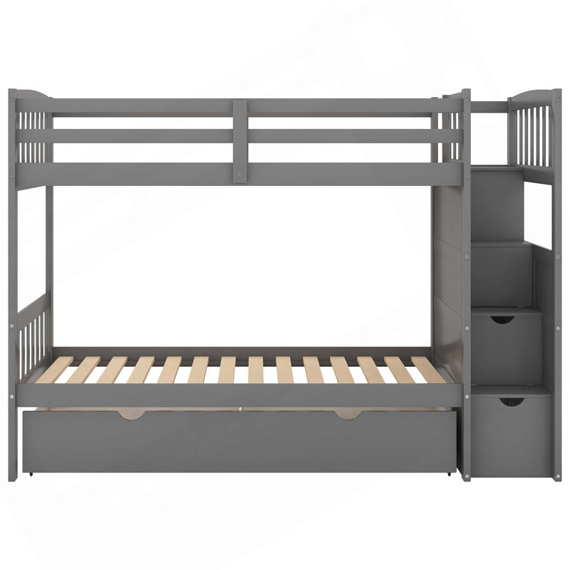 Convertible Bottom Bunk Bed With Storage Shelves And Drawers, Grey