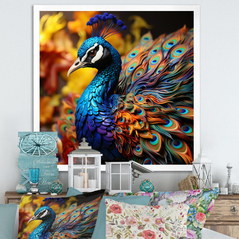 «Majestic Blooming Plumage Peacock IV», reproduction sur toile, Cadre simple blanc, H 24 po x l 24 po x P 1 po