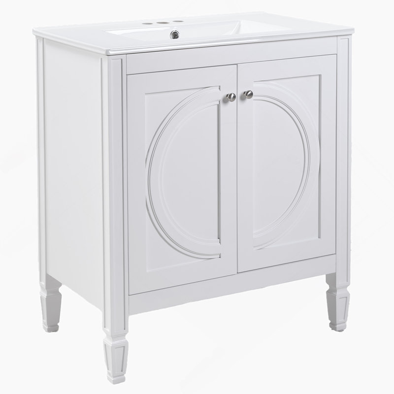 Meuble-lavabo blanc de 30 po sans assemblage requis avec lavabo en céramique, deux portes à fermeture en douceur et tablette réglable, style campagne moderne