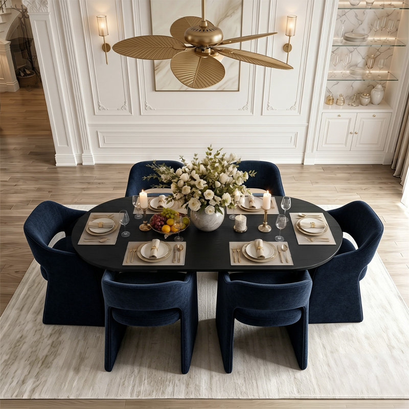 Ensemble de table de salle à manger pour 6 personnes avec table ovale et 6 fauteuils rembourrés en chenille, Blue