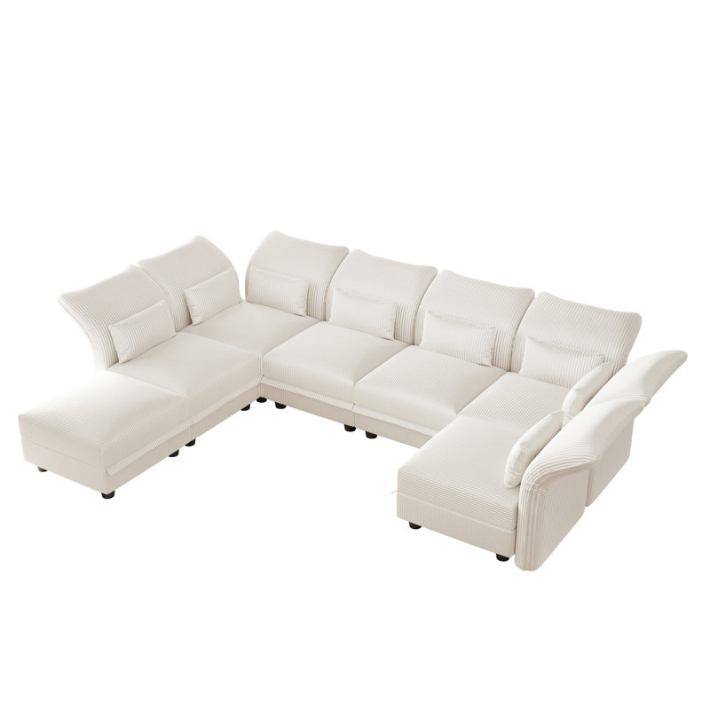 U-Shaped Upholstered Modular Sectional Sofa With Storage, 7 Seat  Corduroy  Couche With Adjustable Arms Backs,Plush Supportive Cushions, Beige