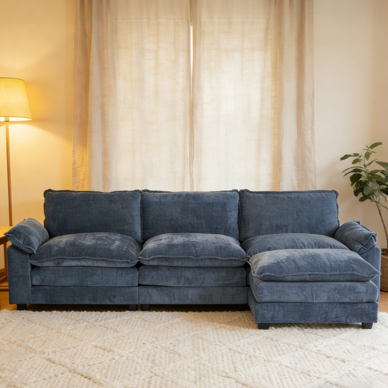 120'' W Blue Chenille Pillow Top Arm Cloud Couch, Blue Chenille