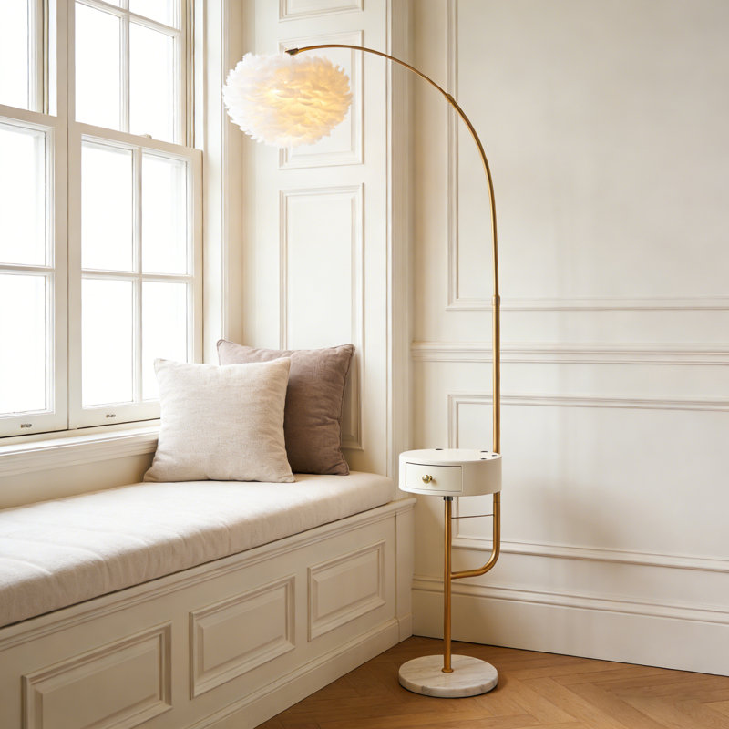 67" Adjustable Height Arched/Arc  Floor Lamp With Bulb, Feather Shade & Storage Drawer