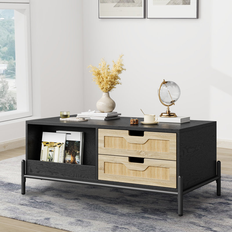 Table basse avec 4 tiroirs de rangement et 2 compartiments, table centrale en bois avec lumières DEL, table basse rectangulaire pour le bureau à domicile