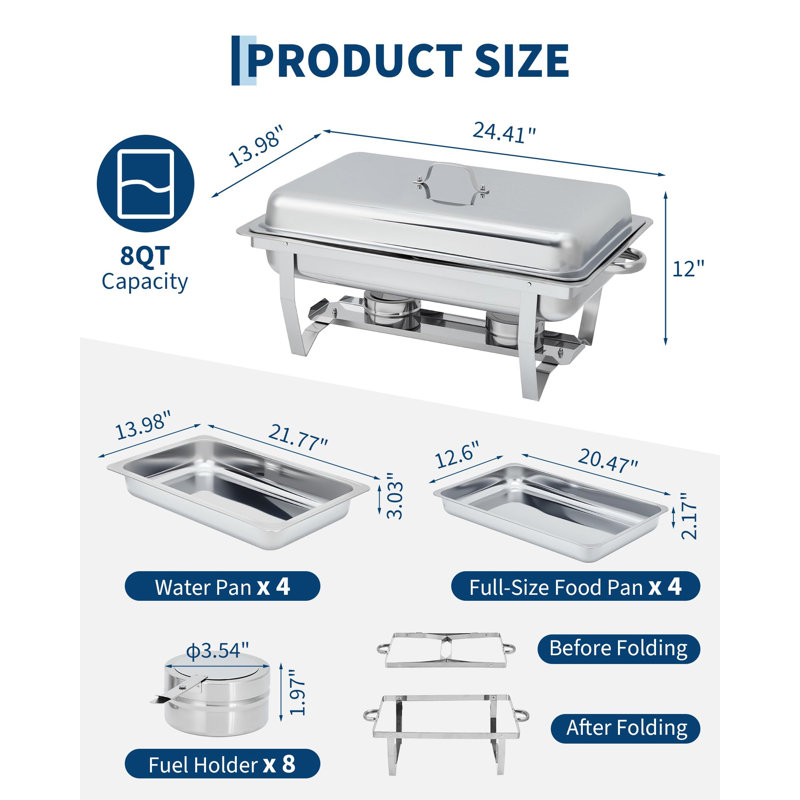 Chafing Dishes for Buffet 4 Pack, 8 Qt Stainless Steel Chafers and Buffet Warmers Sets With Lid, Rectangle Serving Food Warmer Catering Supplies Buffet Display for Parties, Silver