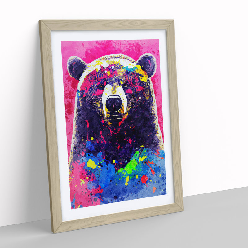 Splashed Bear No.2 Abstract - Wall Art, 66cm H x 48cm W, Oak Framed, White