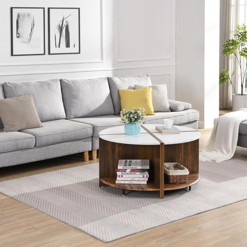 4 pièces de table basse ronde industrielle, à assemblage robuste et facile, à 2 niveaux avec rangement pour le salon, jardin, blanc