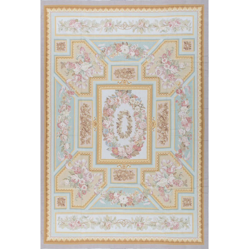 Tapis bleu et beige noué à la main de haute qualité
