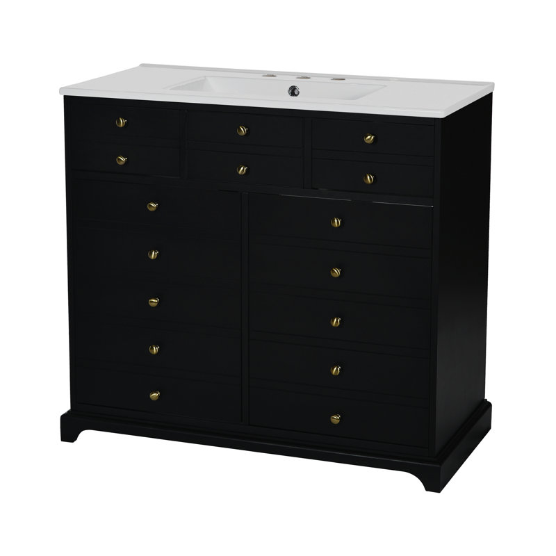 Ensemble de meuble-lavabo 36 po avec lavabo en céramique, armoire de rangement en bois massif, ensemble de meuble-lavabo autoportant avec 2 tiroirs et portes à fermeture douce, noir