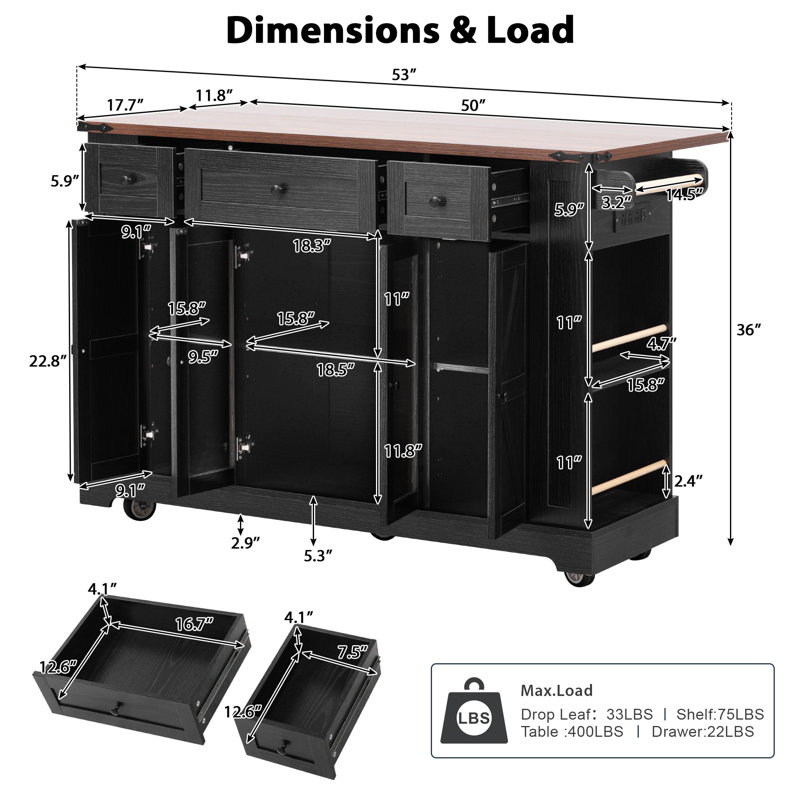 53" Farmhouse Kitchen Island With Two Tempered Glass Cabinet Doors, Black