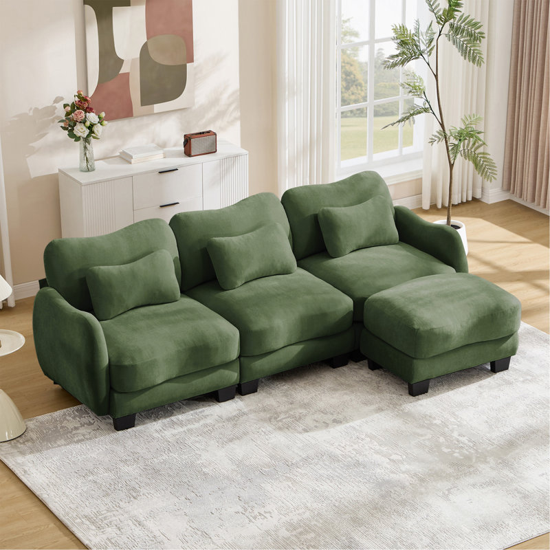 Canapé en L Chenille avec 1 repose-pieds mobile, canapé modulaire surdimensionné à 3 places avec 3 coussins de taille exquise, conception ergonomique, canapé modulaire facile à assembler pour le bureau du salon