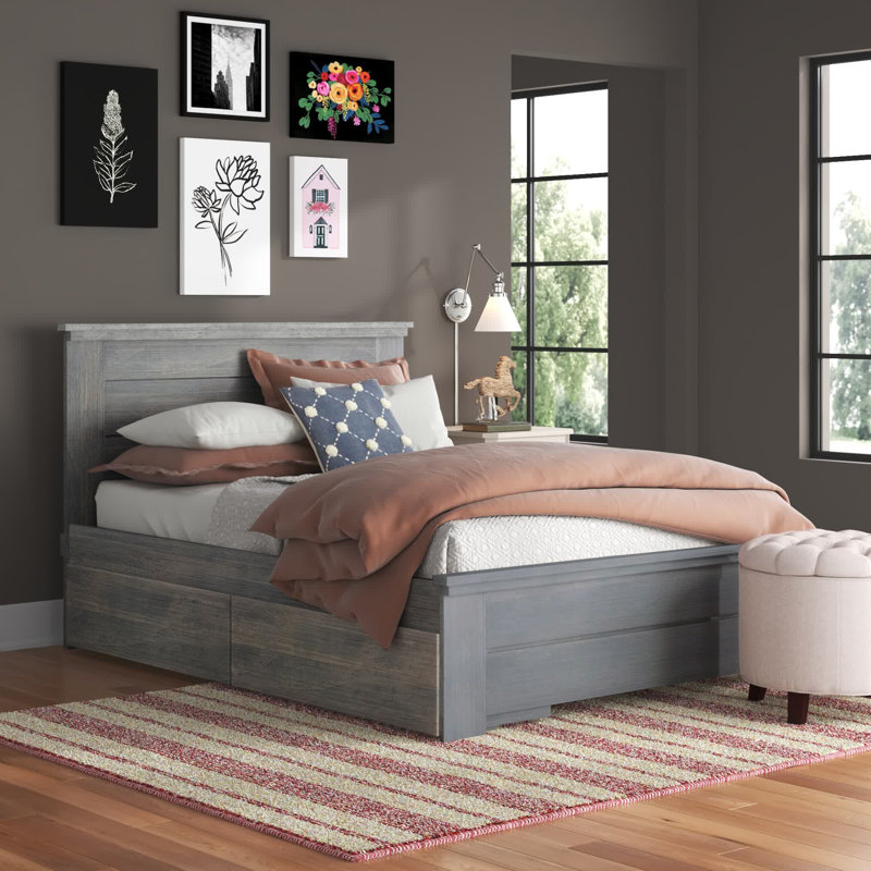 Lit plateforme avec rangement en bois massif Decimus, Driftwood, Simple