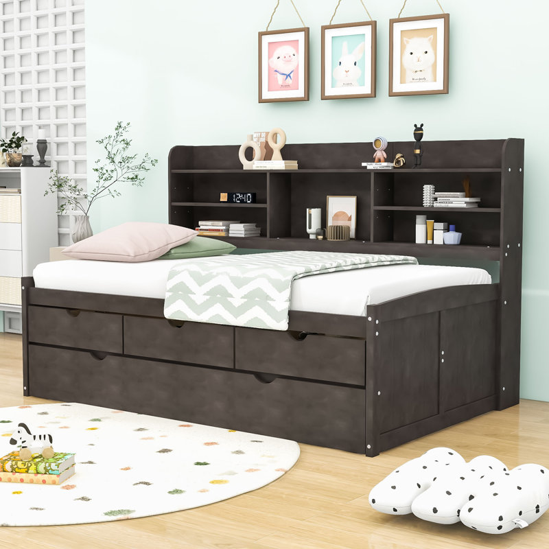 Binnings Twin Size Wood Platform Bed with Shelves and Twin Size Trundle, Antique Brown