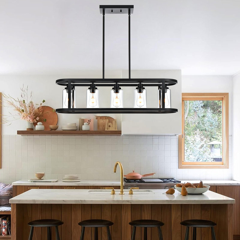 Lustre de salle à manger à 5 lumières pour îlot de cuisine noir avec luminaire suspendu ovale suspendu au plafond avec abat-jour en verre transparent pour le bar de la salle à manger.