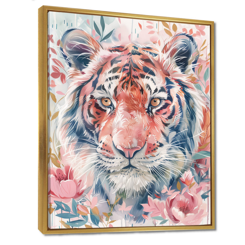 Décoration murale en forme de tigre rose et blanc Blooms II - tigre, Cadre simple noir, H 12 po x l 20 po