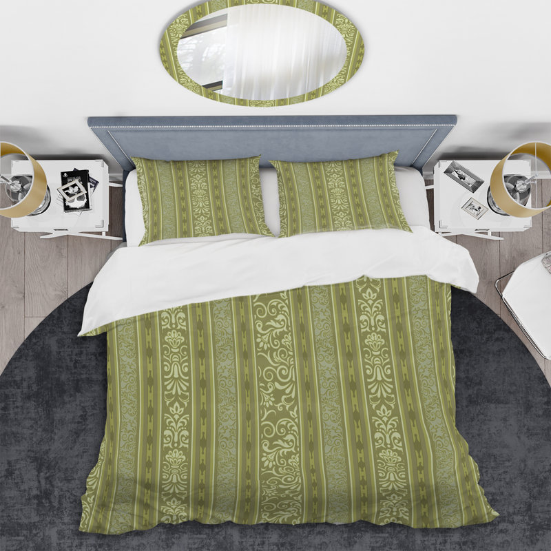 Vert floral rayé - ensemble de housse de couette abstrait - microfibre de polyester