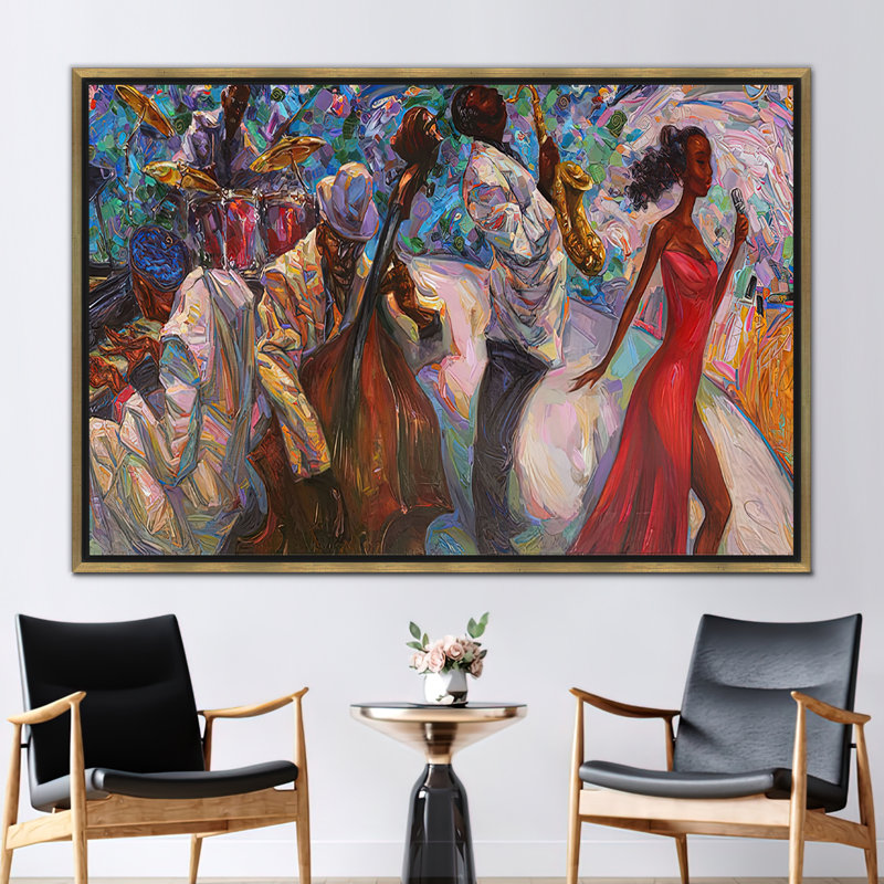 African Jazz Musicians Oil Painting Print: Pianist and Singer Wall Art Poster, 30" H x 41" W, Or