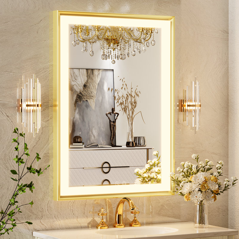 Miroir de salle de bain à DEL, miroir de meuble-lavabo lumineux avec cadre en métal, miroir de salle de bain mural avec lumières, lumière naturelle, antibuée, à intensité variable