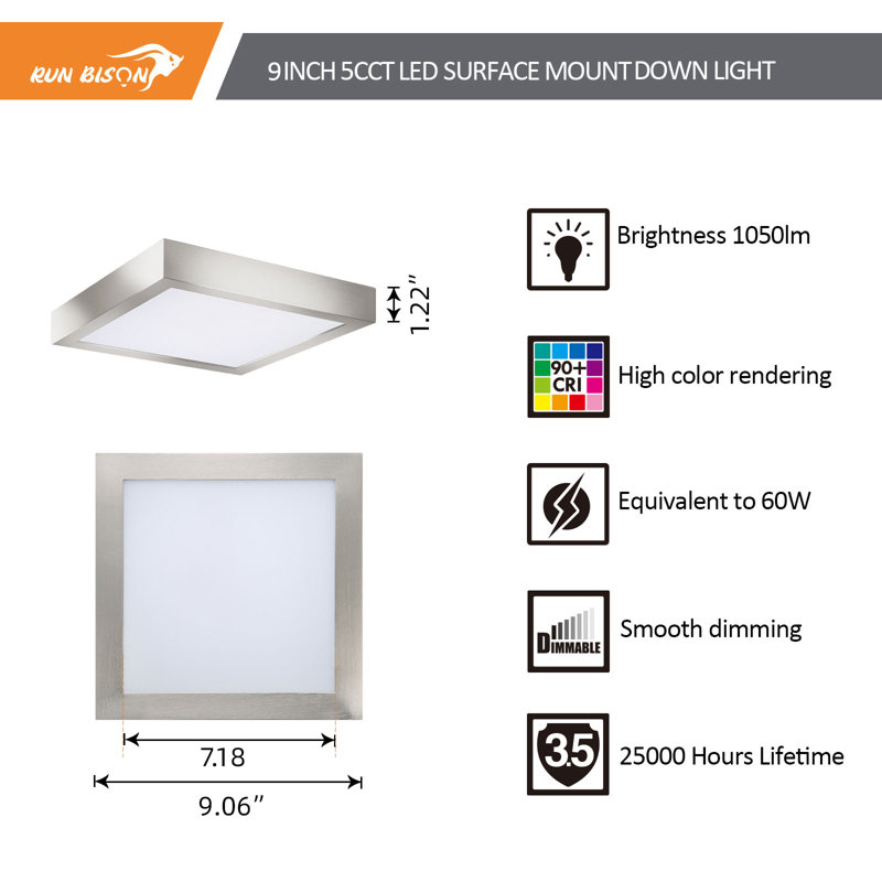 9 in. Square Color Selectable Integrated LED Flush Mount Downlight, Brush Nickel