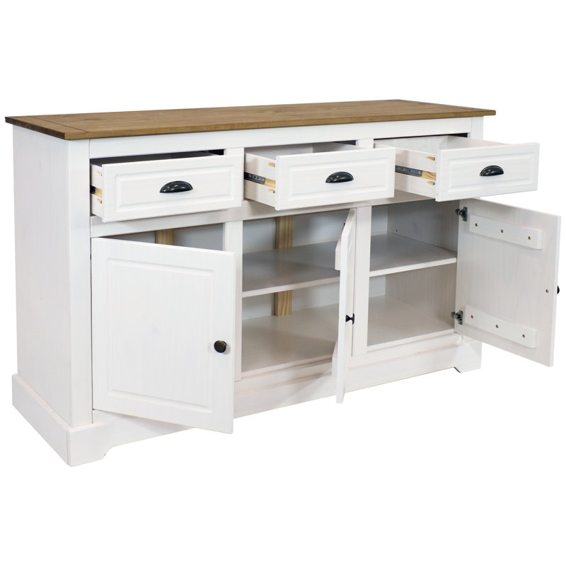 52" Solid Pine Sideboard Cabinet with 3 Doors 3 Drawers and Adjustable Shelf, White