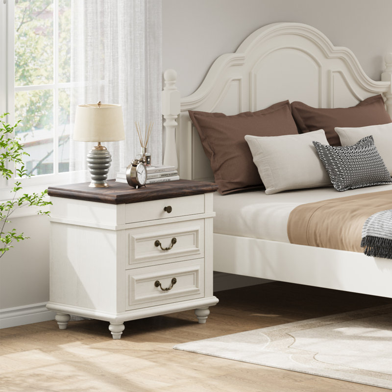 21-Inch Modern Farmhouse Nightstand with 3 Drawers & Geometric Carvings, White/Brown