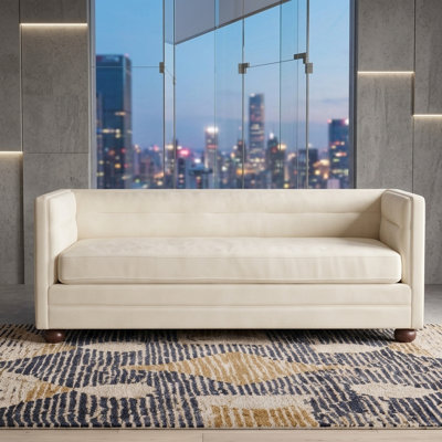 77.2" Modern Chenille 3-Seater Sofa with Camel Back and Square Arms, Single Cushion Couch with Rubber Wood Ball Legs for Living Room, Apartment
