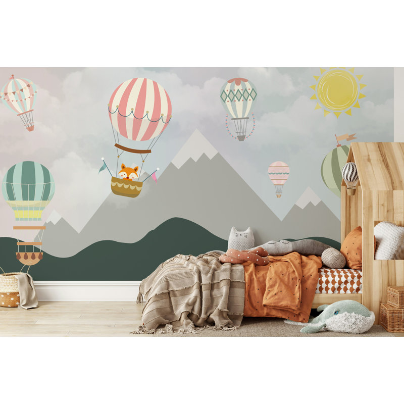 Hot Air Balloon Kids Wallpaper with Mountains and Sun, 100" L  x 150" W