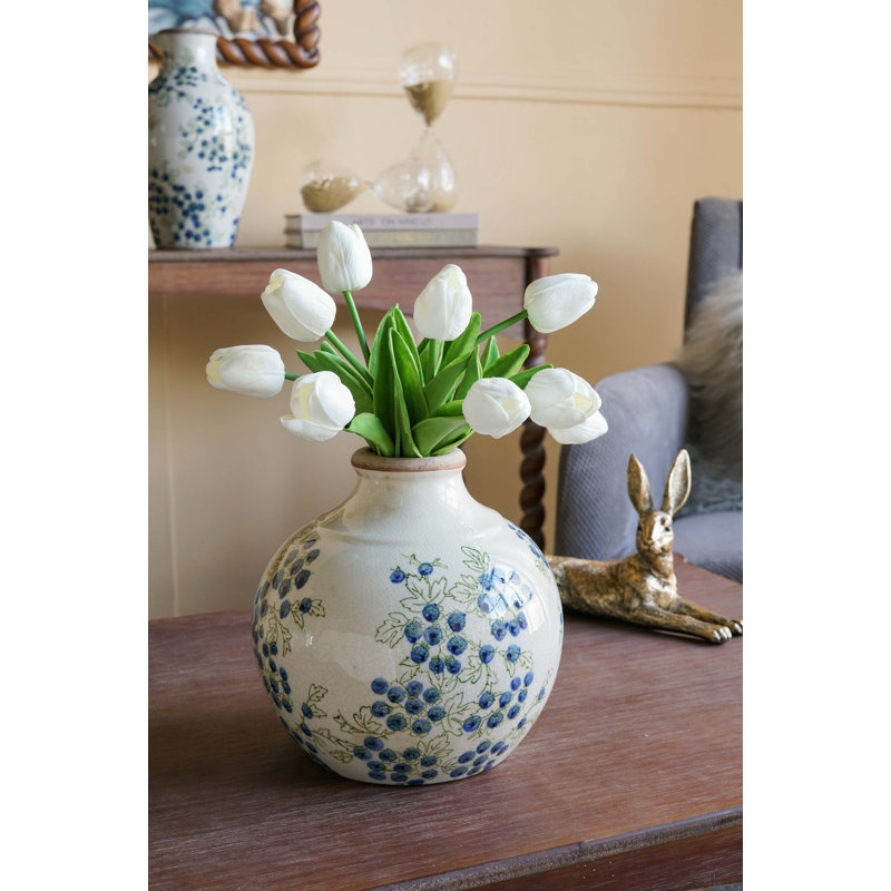 Vase en céramique 7,9 x 7,9 x 7,9 po avec motif de baies bleues