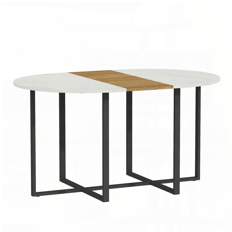 Table de salle à manger ovale en faux marbre avec bande centrale grain de bois (6 places assises)