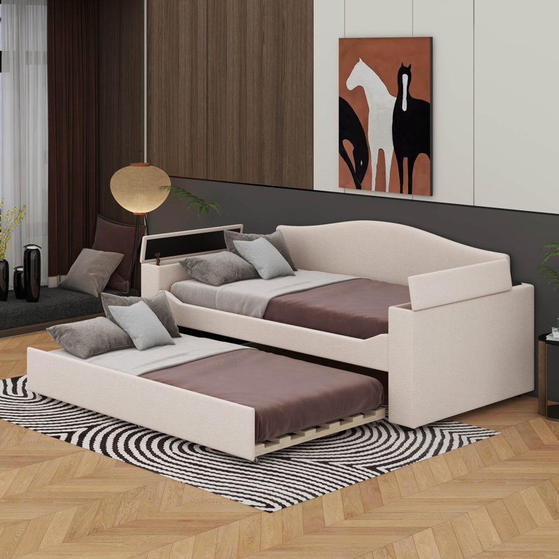 Twin Size Upholstered Daybed With Trundle And Latest Integrated Bluetooth Audio System, Beige