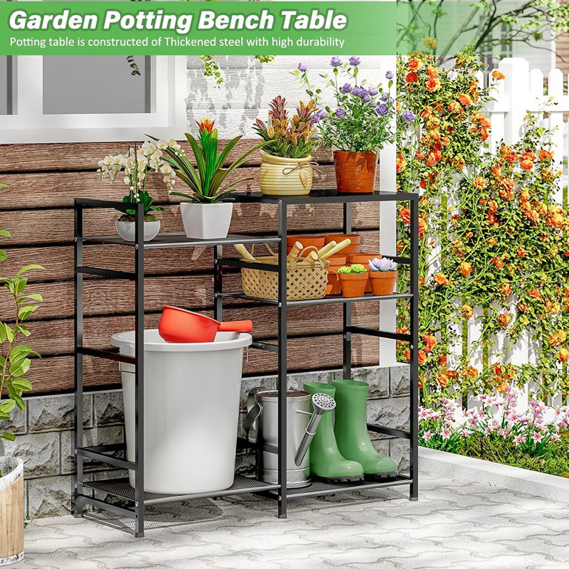 Bench Table, Outdoor Plant Stand Table With Storage, Gar...