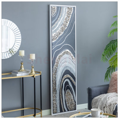 Paysage rectangulaire allongé, peinture à l'huile encadrée avec pierres argentées, parfaite pour les décors modernes et contemporains