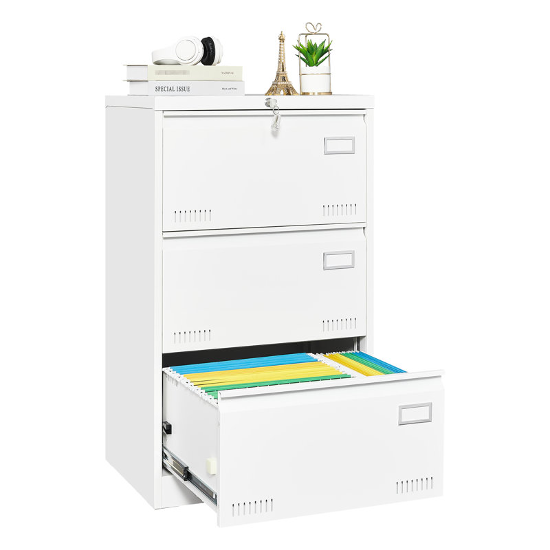 White Office Filing Cabinet With 3 Drawers And Lock, Metal, Widened For Streamlined Efficient File Management Handling Drawer In Lock Secure Document Storage