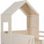 Lit mezzanine simple beige avec bureau coulissant, tiroirs de rangement et armoires fermées pour petites chambres
