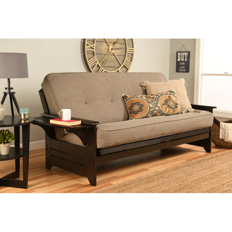 Futon double avec matelas Johnte, Espresso, Microsuède lin pierre, Ressorts hélicoïdaux
