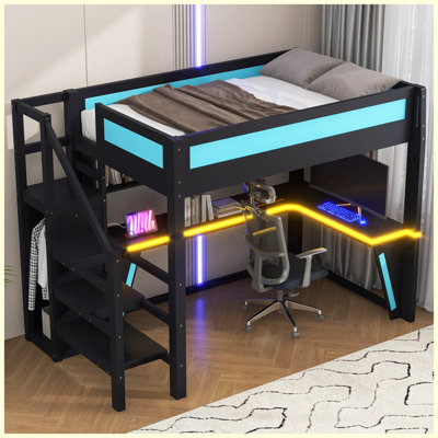 Lit mezzanine pleine grandeur avec bureau, garde-robe, lumières DEL, ports USB intégrés, noir et bleu