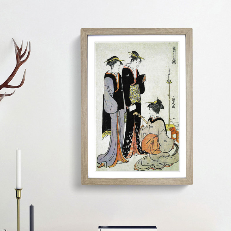 Two Courtesans & a Geisha by Torii Kiyonaga - Picture Frame Painting Print, 48cm H x 36cm W x 2cm D, Oak Framed