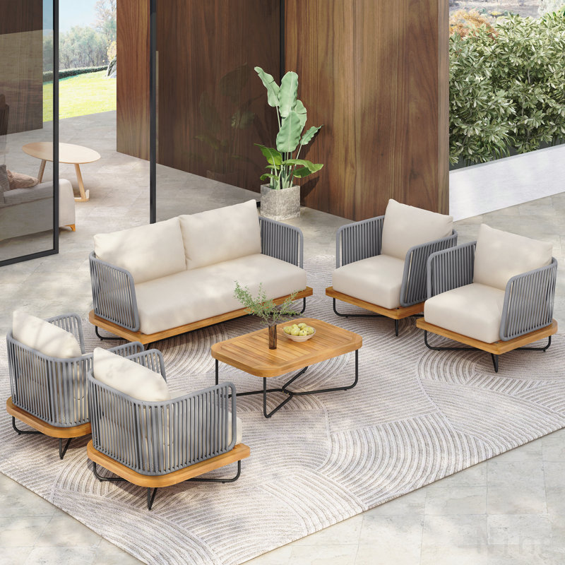 Ensemble de conversation d'extérieur 6 pièces en bois d'acacia et tissé Paito, Beige