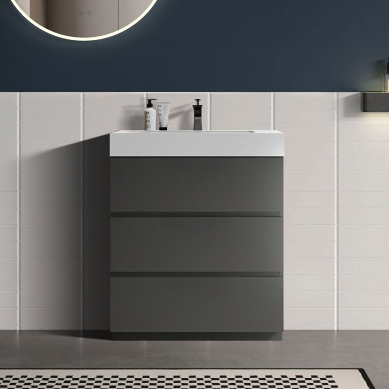 Meuble-lavabo autoportant simple de 30 po avec trop-plein Deandrick pré-assemblé Deandrick, Gris espace, Blanc lustré, 30"