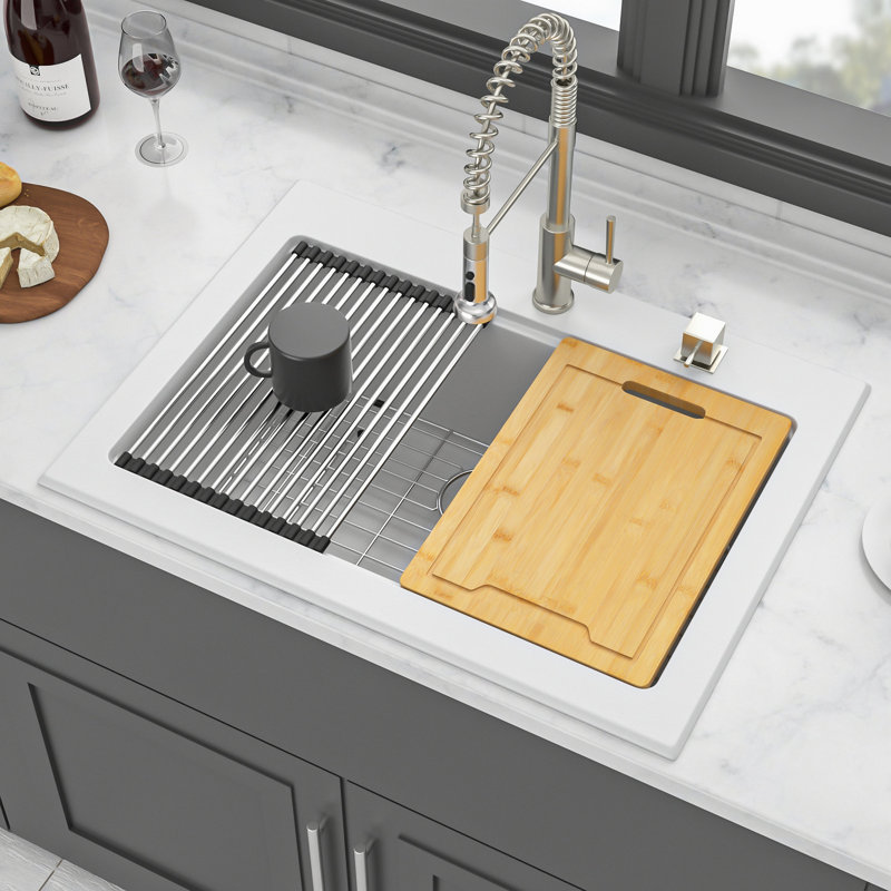Évier de cuisine en quartz - Évier de cuisine encastré en granite blanc 30 po x 22 po