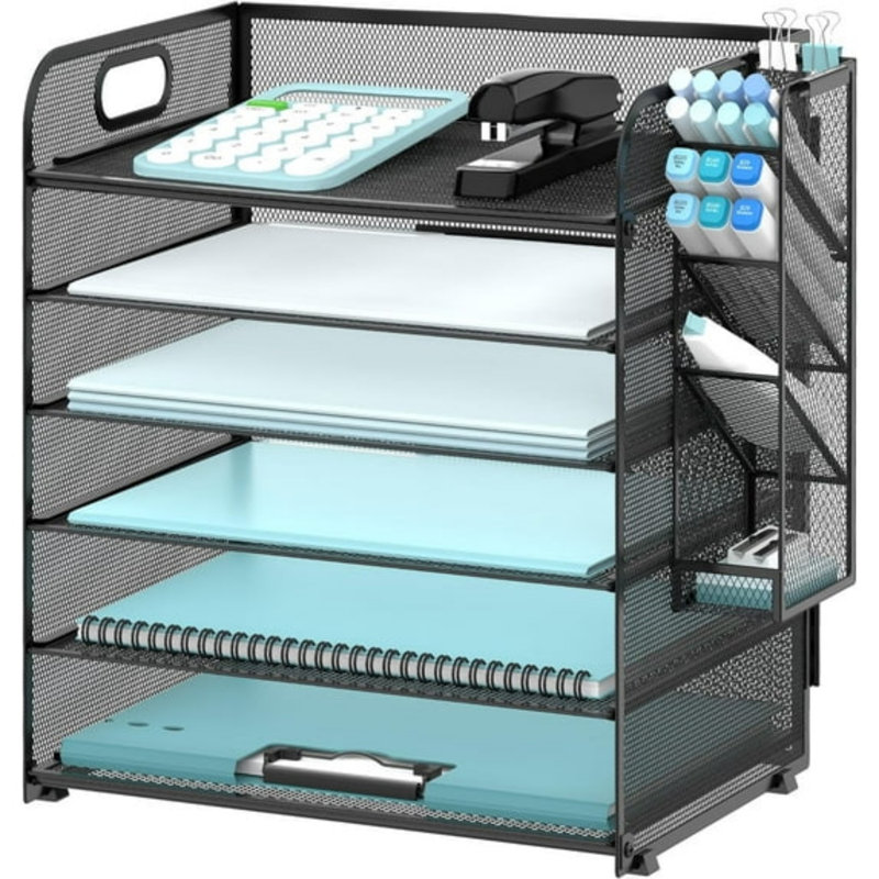 Organisateur de papier à 6 niveaux avec 4 porte-stylos, plateau à lettres en filet et poignée, Noir